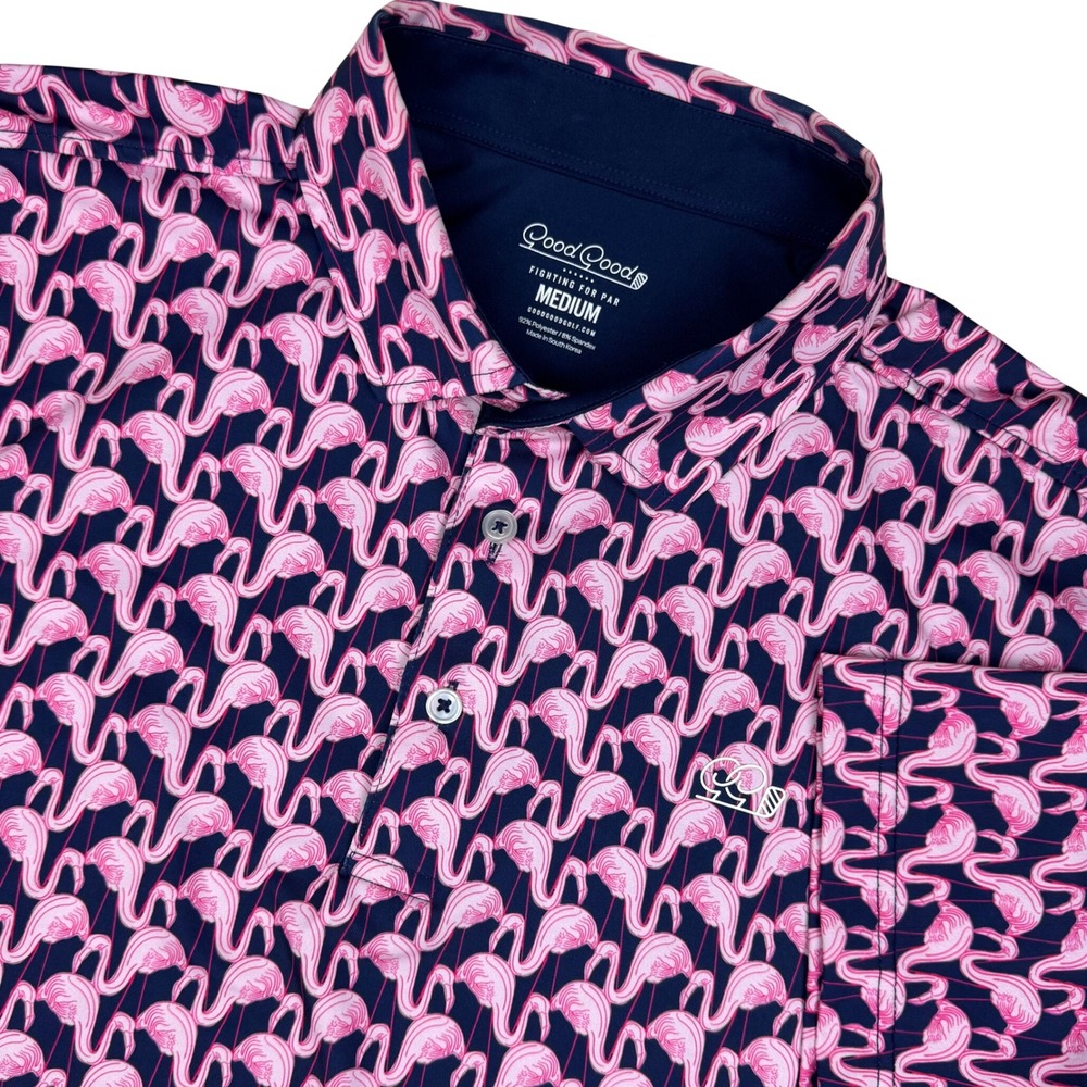 Good Good Golf Polo Flamingo Print Performance Mens Medium Navy Pink Preppy Loud